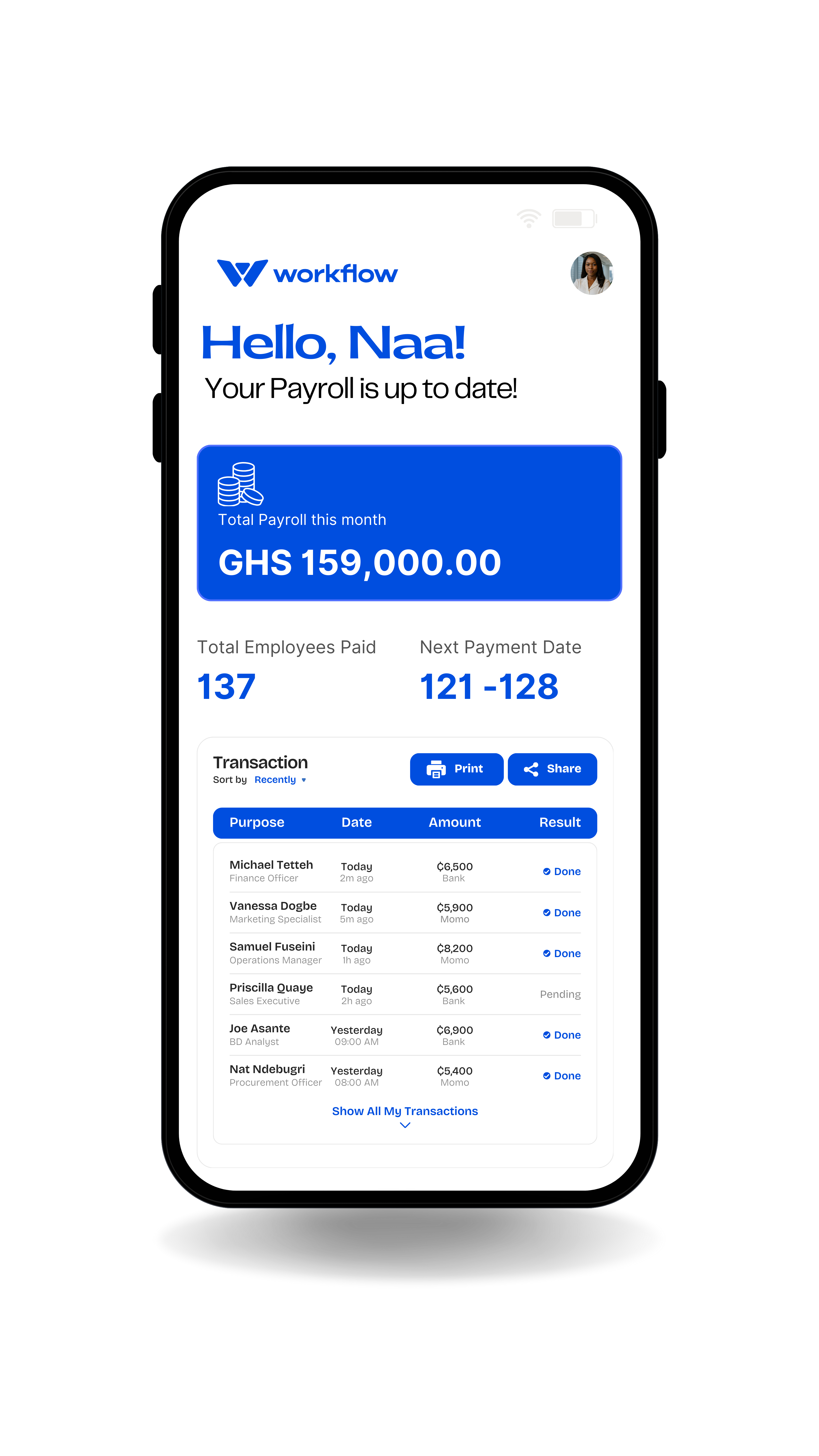 Workflow payroll dashboard displayed on a mobile phone